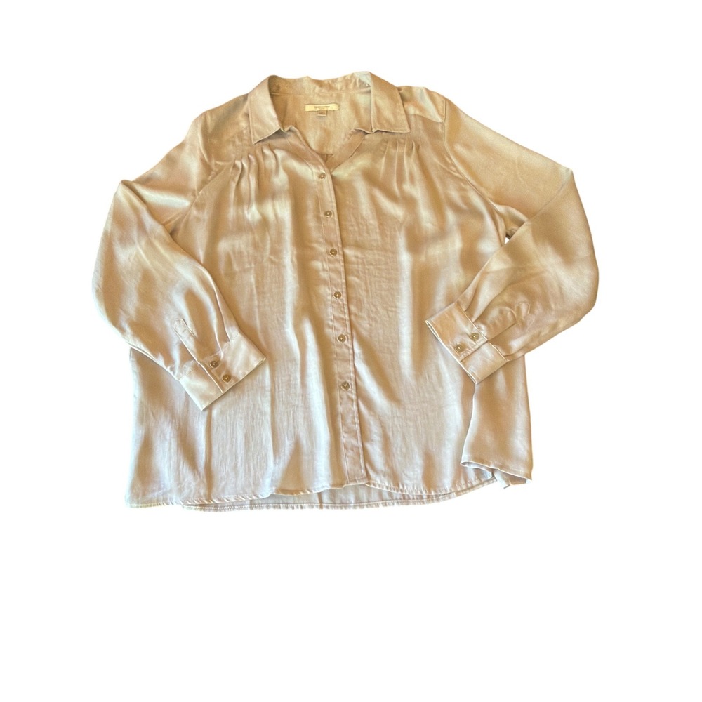 Liz Claiborne Blouse Gray Satin Button Front Pleated Shoulder Long Sleeve XL